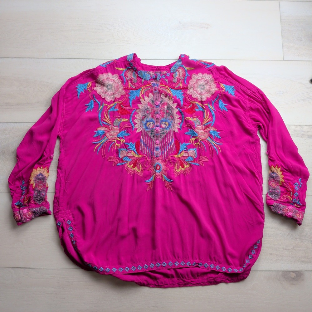 Johnny Was Biya Esmeralda Embroidered Tunic Blouse Womens L Fuschia Rayon Boho